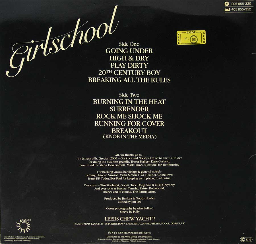 GIRLSCHOOL - Play Dirty Female NWOBHM 12" Vinyl LP Album album back cover