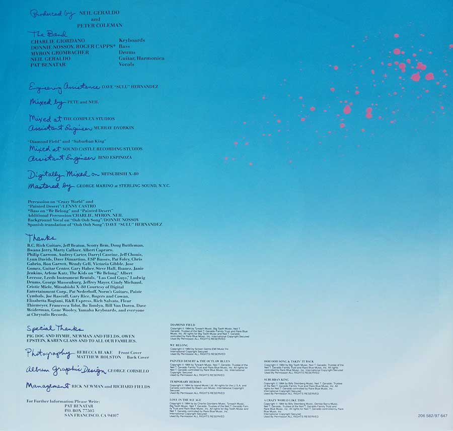 Inner Sleeve   of "PAT BENATAR - Tropico" Album