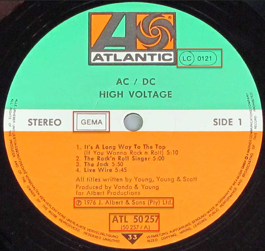 Close up of the AC/DC - High Voltage - 3 RECORD SET record's label 