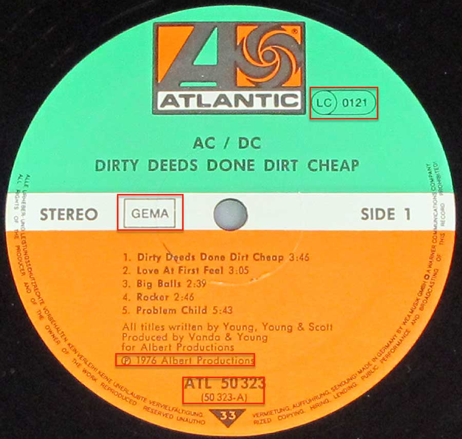 Close up of the AC/DC - Dirty Deeds Done Chaeap 3 RECORD SET record's label 