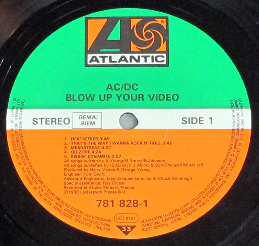 Close up of the AC/DC - Blow Up Your Video record's label