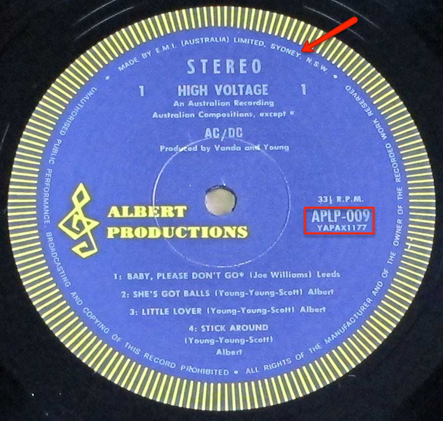 Close up of the AC/DC - High Voltage ( Genuine Australian Release ) record's label