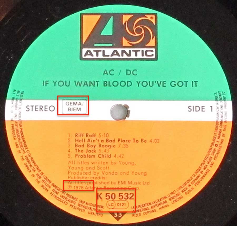 Close up of the AC/DC - If You Want Blood You've Got It record's label