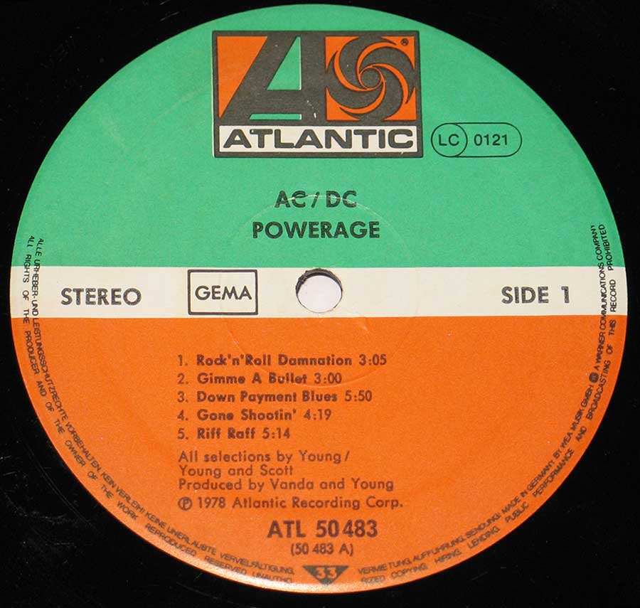 Close up of the AC/DC - POWERAGE ( Australian Rock )  record's label