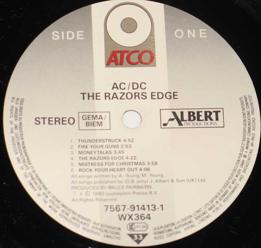Close up of the AC/DC - The Razors Edge ( ATCO Records ) record's label