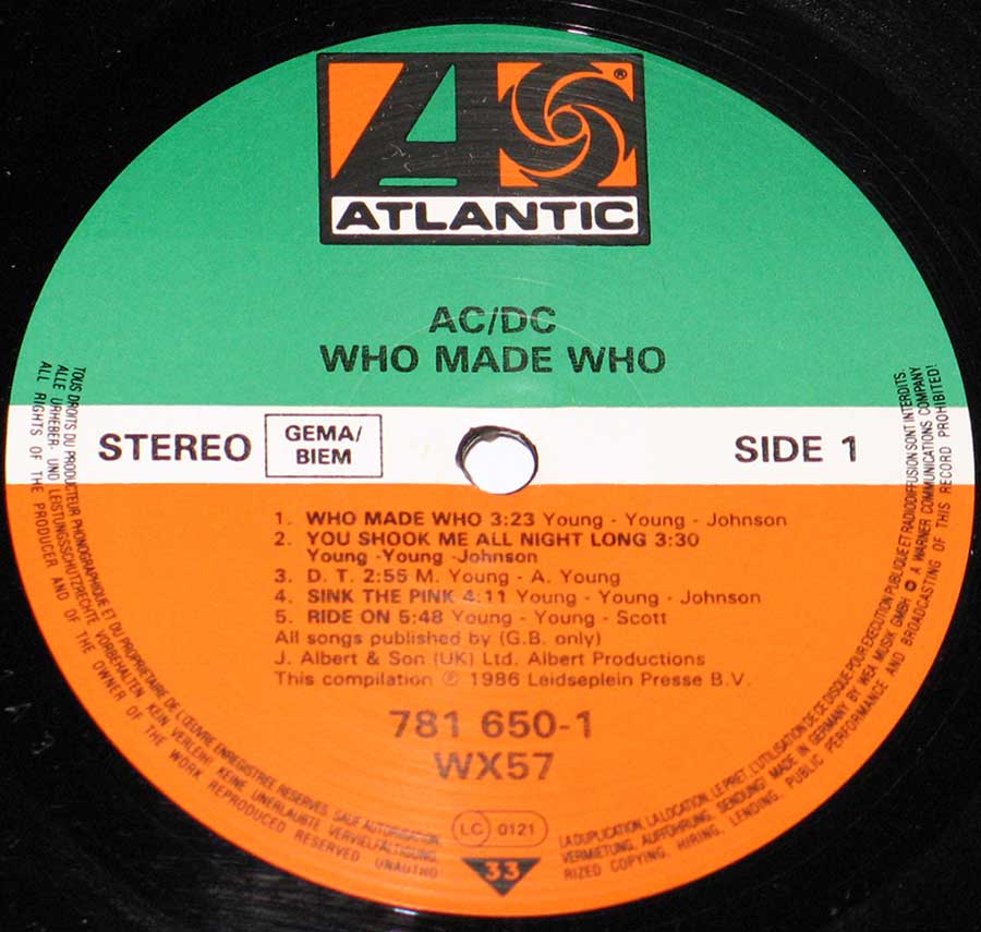 Close up of the AC/DC - Who Made Who ( European Release ) record's label