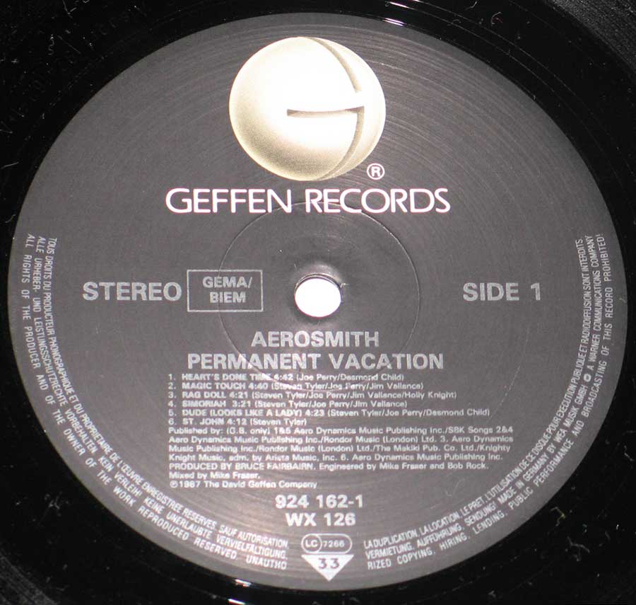 Close up of "Permanent Vacation" Record Label Details: Geffen 924 162, WX 126 