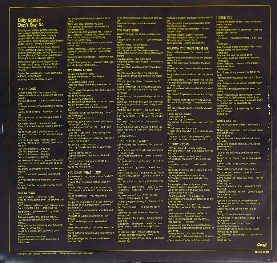 Lyrics of all the songs on "Don't Say No" by Billy Squier 