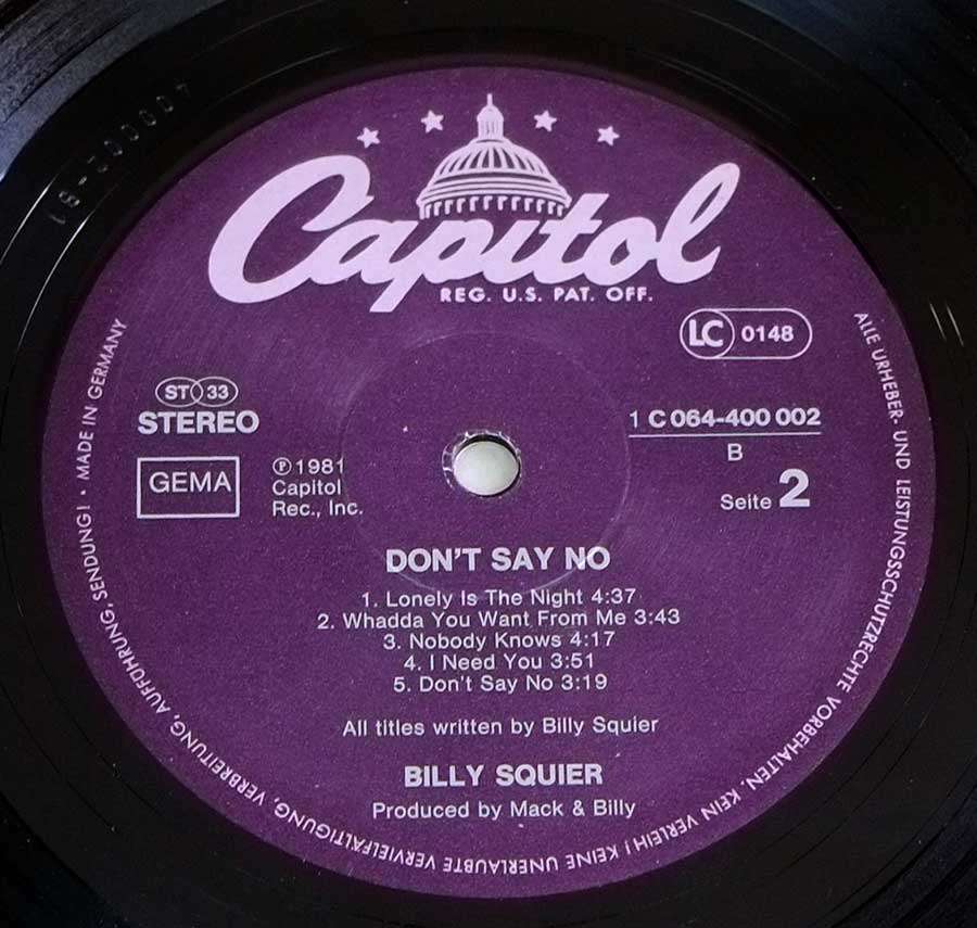 Side Two Close up of record's label BILLY SQUIER - Don't Say No 12" LP VINYL Album