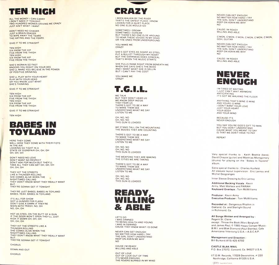 Lyrics of the songs on "Babes in Toyland" printed on the original custom inner sleeve 
