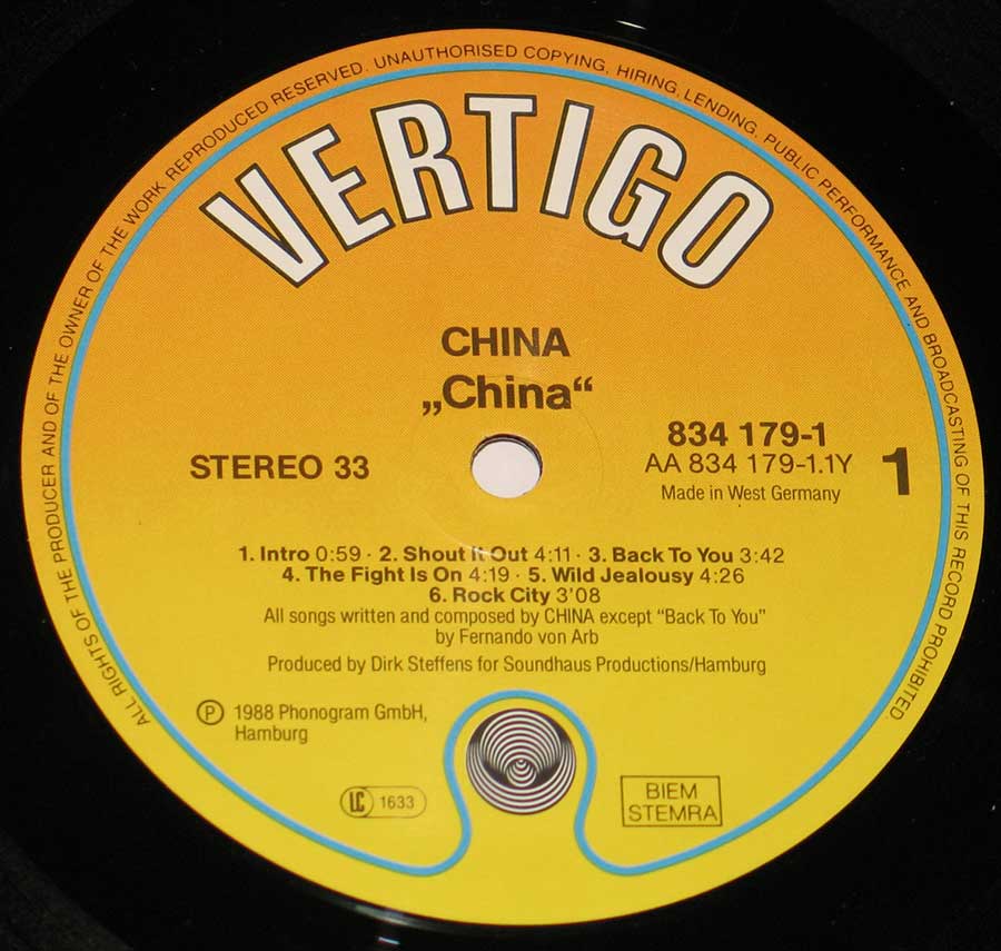 "China" Orange to Yellow Gradient Colours Vertigo Record Label Details: VERTIGO 834 179 , Madei in West-Germany ℗ 1988 Phonogram GMBH, Hamburg Sound Copyright 