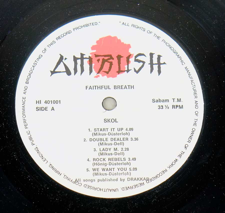 Close up of record's label FAITHFUL BREATH ‎- Skol 12" LP ALBUM VINYL  Side One
