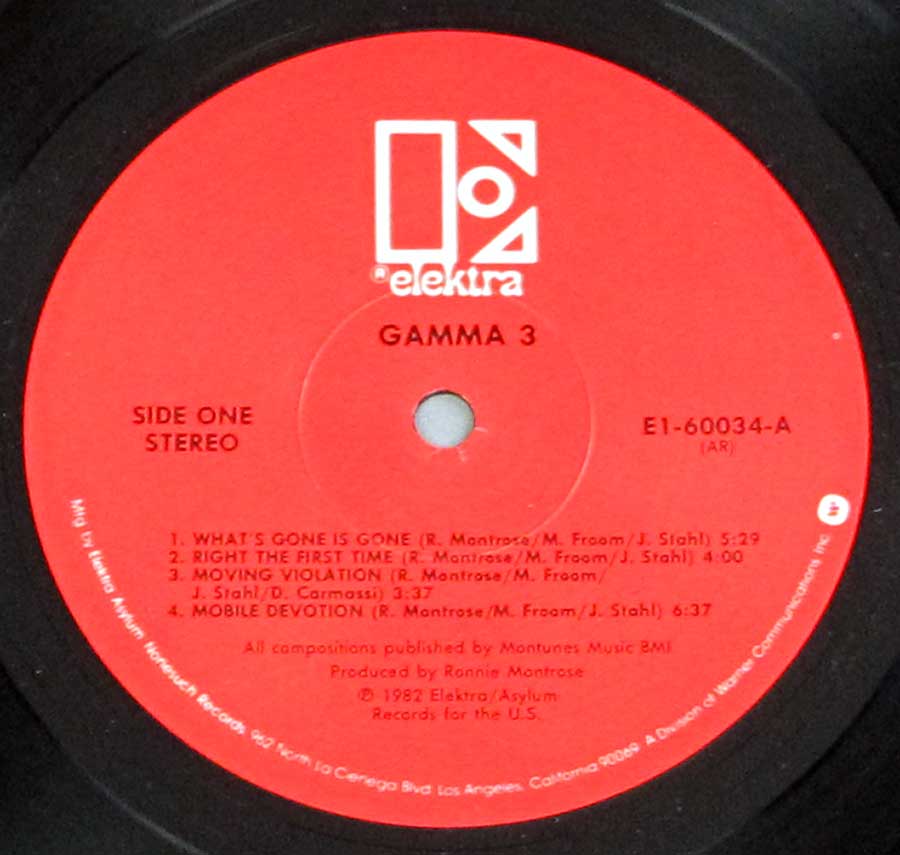 "GAMMA Three" Red Colour Elektra Record Label Details: ELEKTRA E1-60034 ℗ 1982 Elektra / Asylum Sound Copyright 