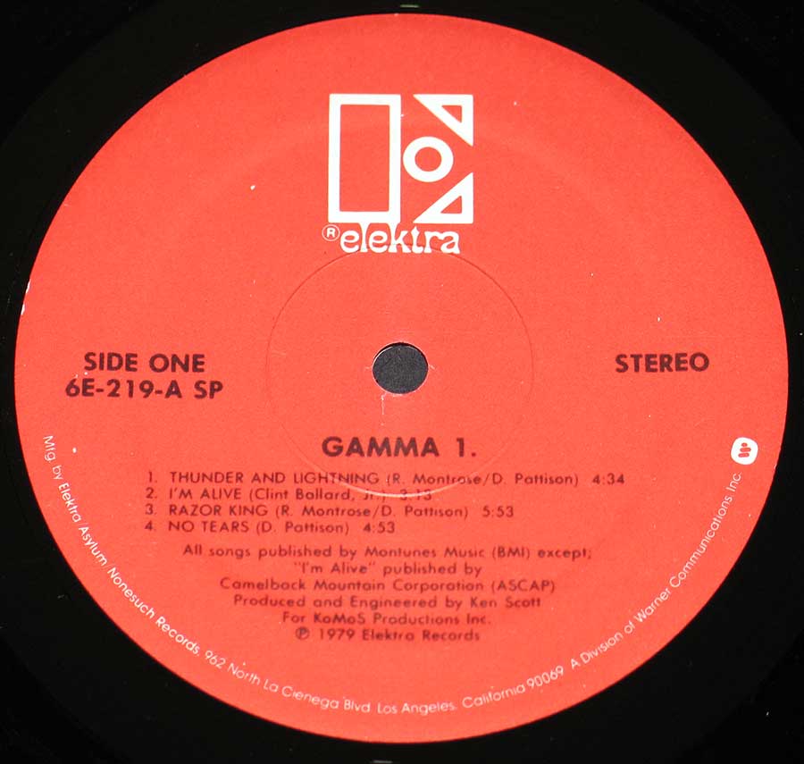 "Gamma One" Red Colour ELEKTRA Record Label Details: ELEKTRA 6E-219-A SP ℗ 1979 Elektra Records Sound Copyright 