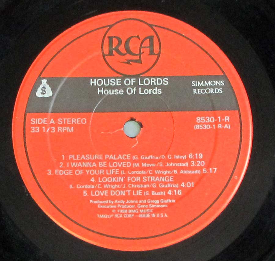 Close up of record's label HOUSE OF LORDS - Self-Titled (Angel, Giuffria) 12" LP Vinyl Album Side One