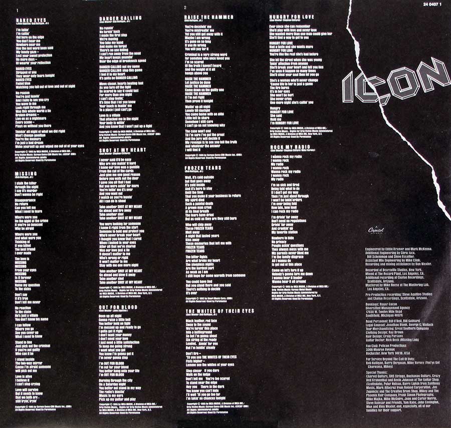 Lyrics of all the songs of " Night Of The Crimes" are printed on the original custom inner sleeve 