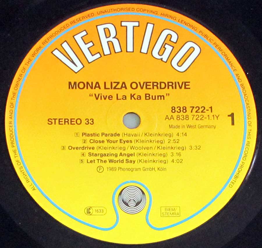 Close up of record's label MONA LIZA OVERDRIVE - Vive La Ka Bum Side One