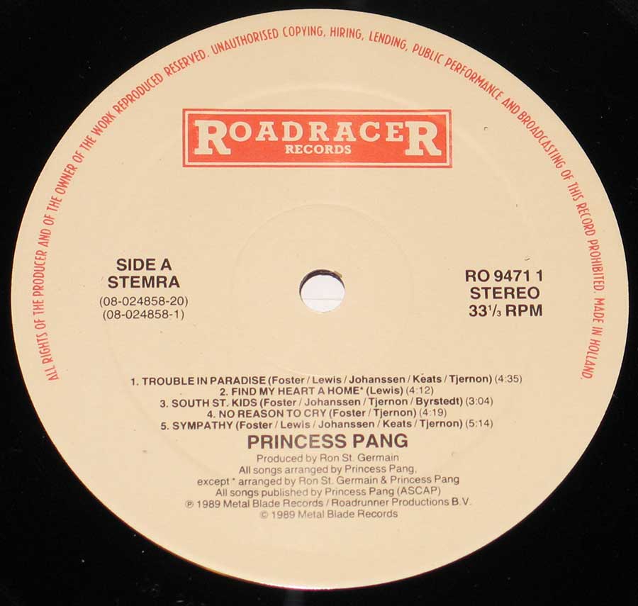 Close-up of the RoadraceR record label of Princess Pang  
