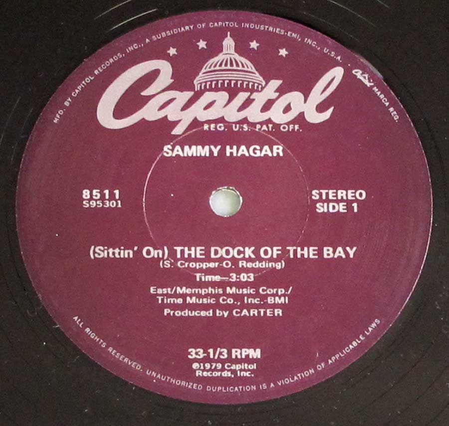 "Sittin On The Dock Of The Bay" Record Label Details: Purple Colour CAPITOL Records 8 5 1 1 S95301 ℗ 1979 Capitol Records Sound Copyright 