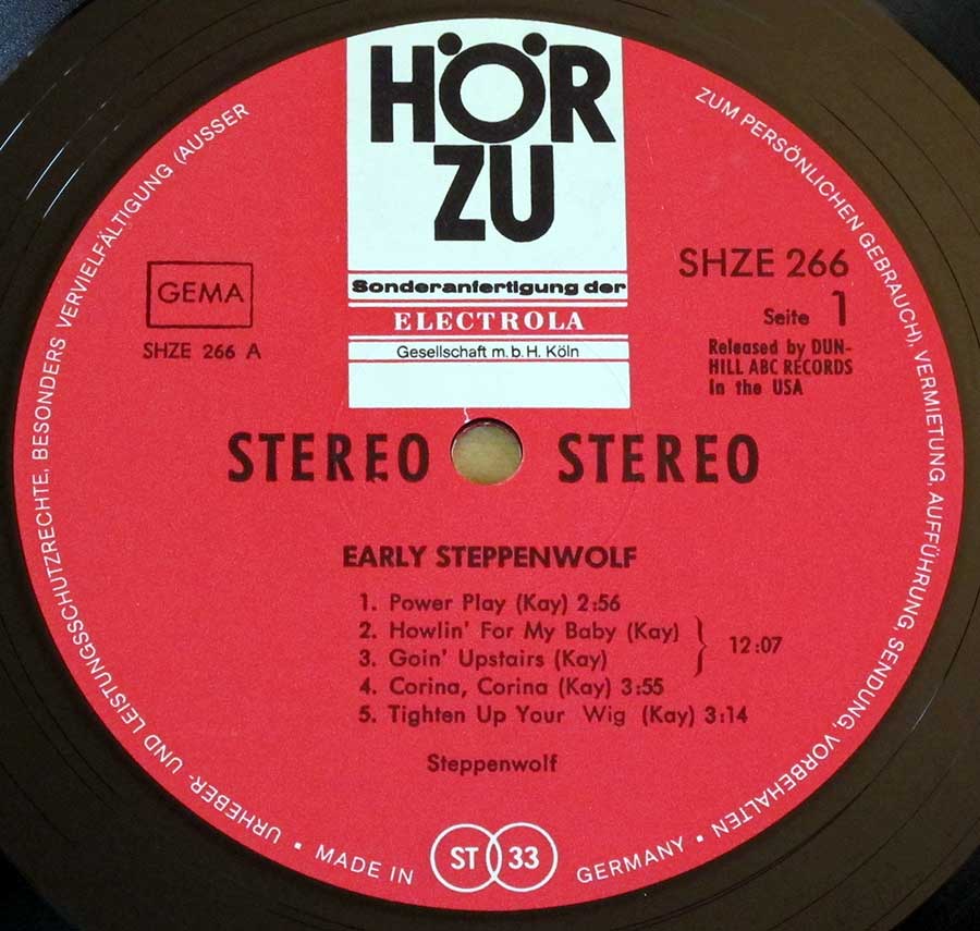 Close up of record's label STEPPENWOLF - Early Steppenwolf Live in San Francisco Side One