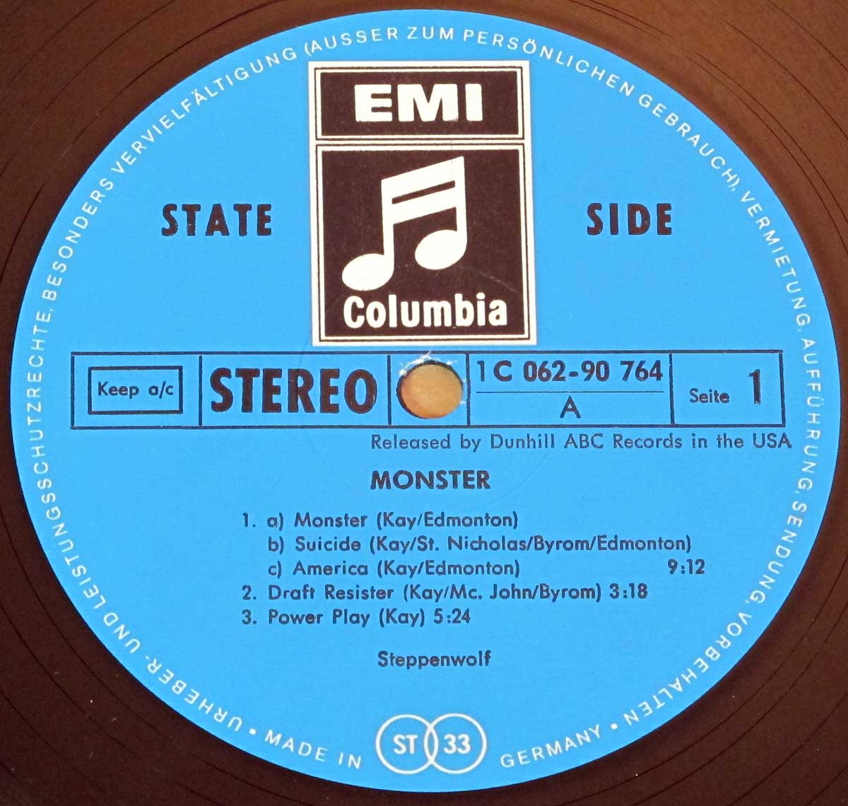 Close-up Photo of "STEPPENWOLF - Monster" Record Label 