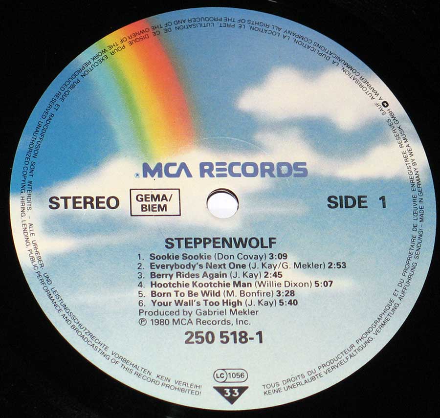 "Steppenwolf" Blue Sky with Rainbow MCA Records Record Label Details: MCA Records 250 519-1, LC 1056 