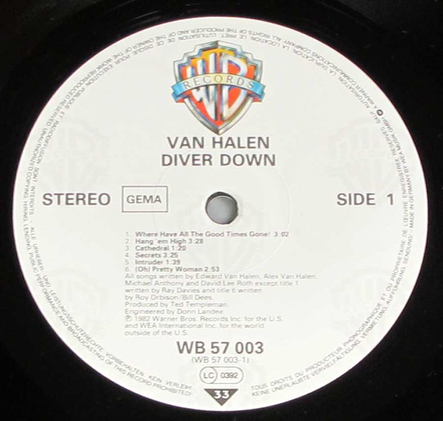 VAN HALEN - Diver Down 12" LP Vinyl Album enlarged record label