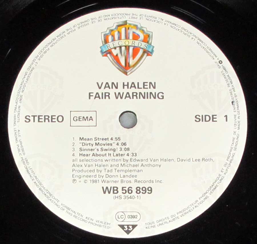 VAN HALEN - Fair Warning ( with David Lee Roth ) 12" Vinyl LP Album enlarged record label