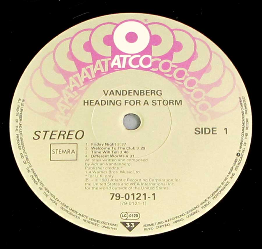 Close up of record's label VANDENBERG - Heading for a Storm Side One