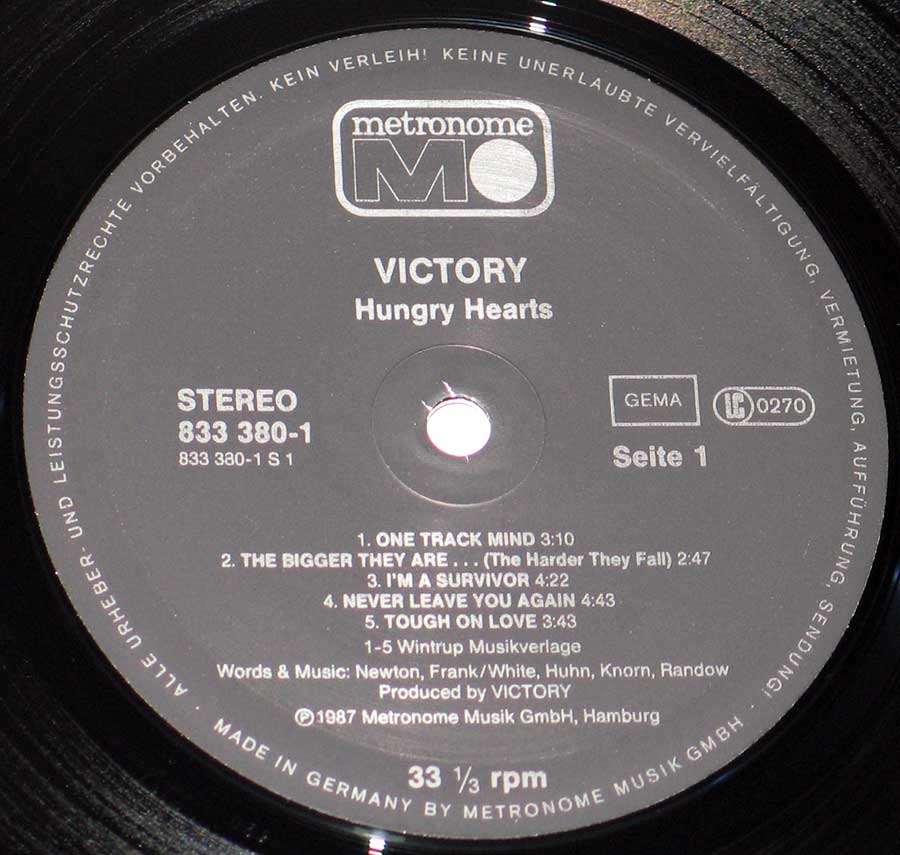 "Hungry Hearts" Black Colour Metronome Record Label Details: METRONOME 833 380-1, LC 0270 ℗ 1987 Metronome Musik GMBH Sound Copyright 