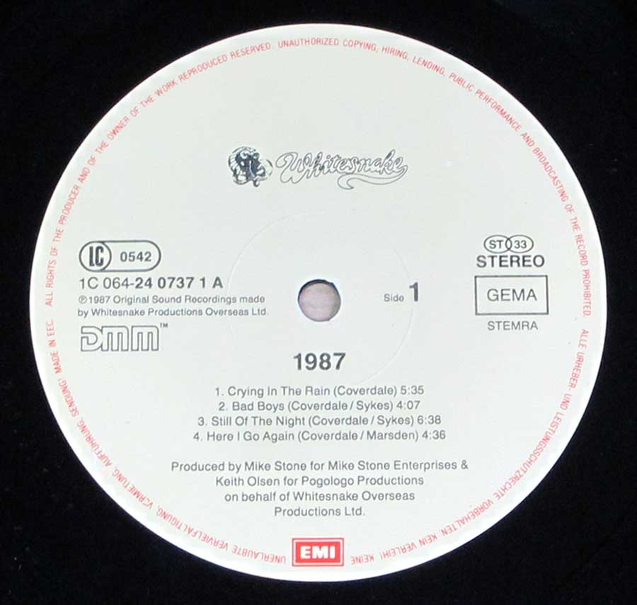 Close-up Photo of "WHITESNAKE - 1987 aka Self-Titled" Record Label