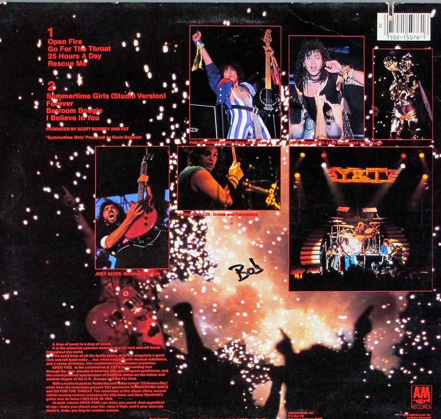 Y & T - Open Fire Live USA Release 12" LP Vinyl Album album back cover
