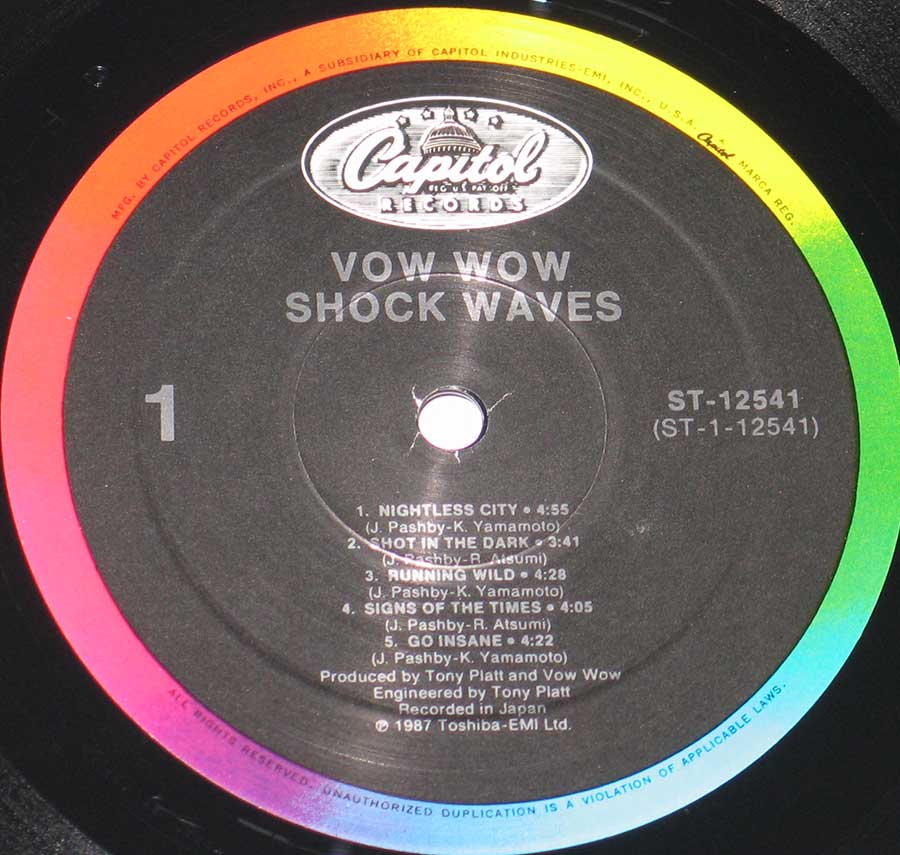 "Shock Waves" Record Label Details: Capitol Records ST-12541 ℗ 1987 Toshiba-EMI ltdSound Copyright 