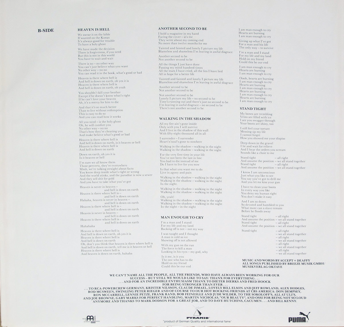 Lyrics custom inner sleeve of Russian Roulette by Accept Side One  