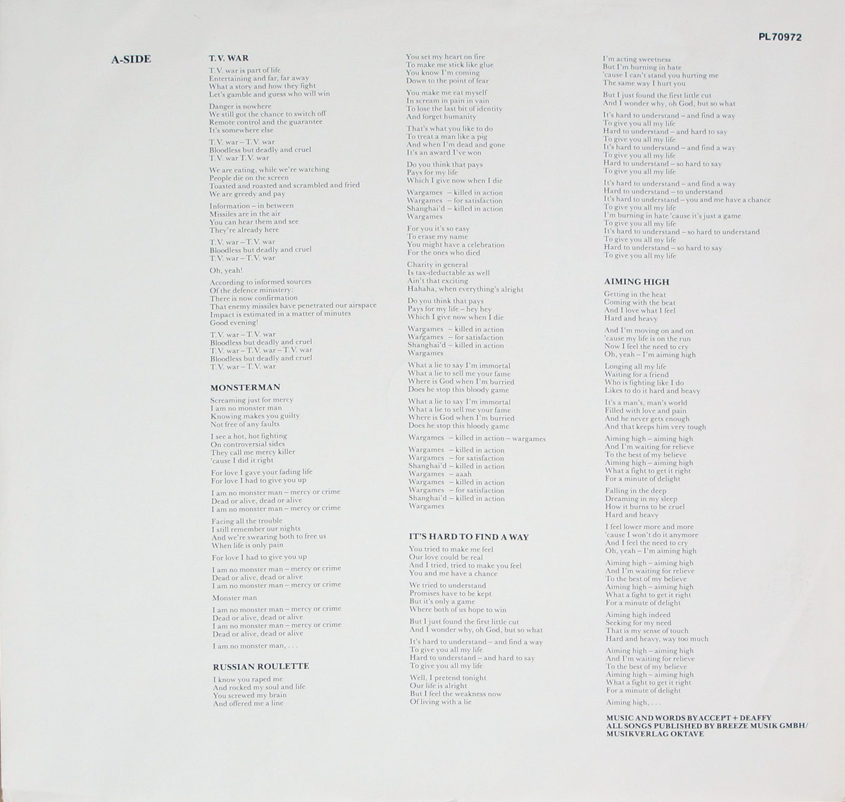 Lyrics custom inner sleeve of Russian Roulette by Accept Side Two    