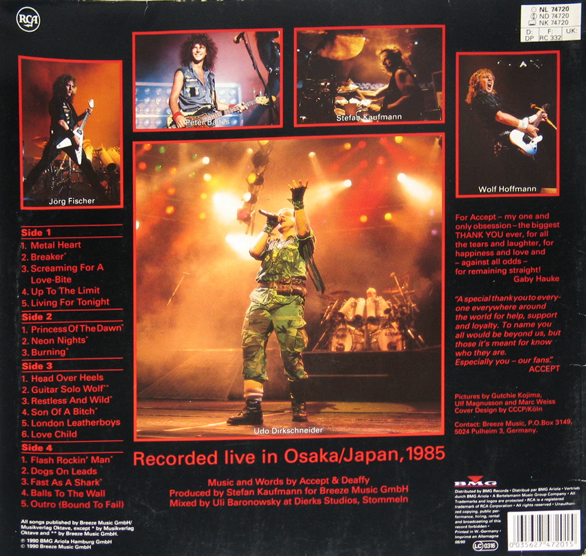 Photos of Accept performing live on-stage, album back cover Staying A Life  