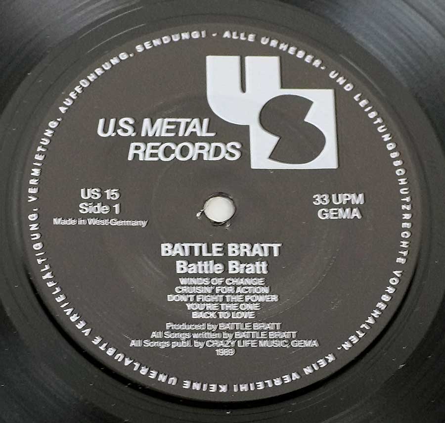 Close-uP Photo of "BATTLE BRATT Self-Titled" US Metal Records Label