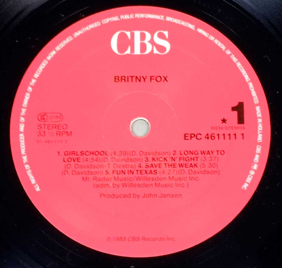 "Britney Fox" Red Colour Record Label Details: CBS EPC 461111, Made in Holland 