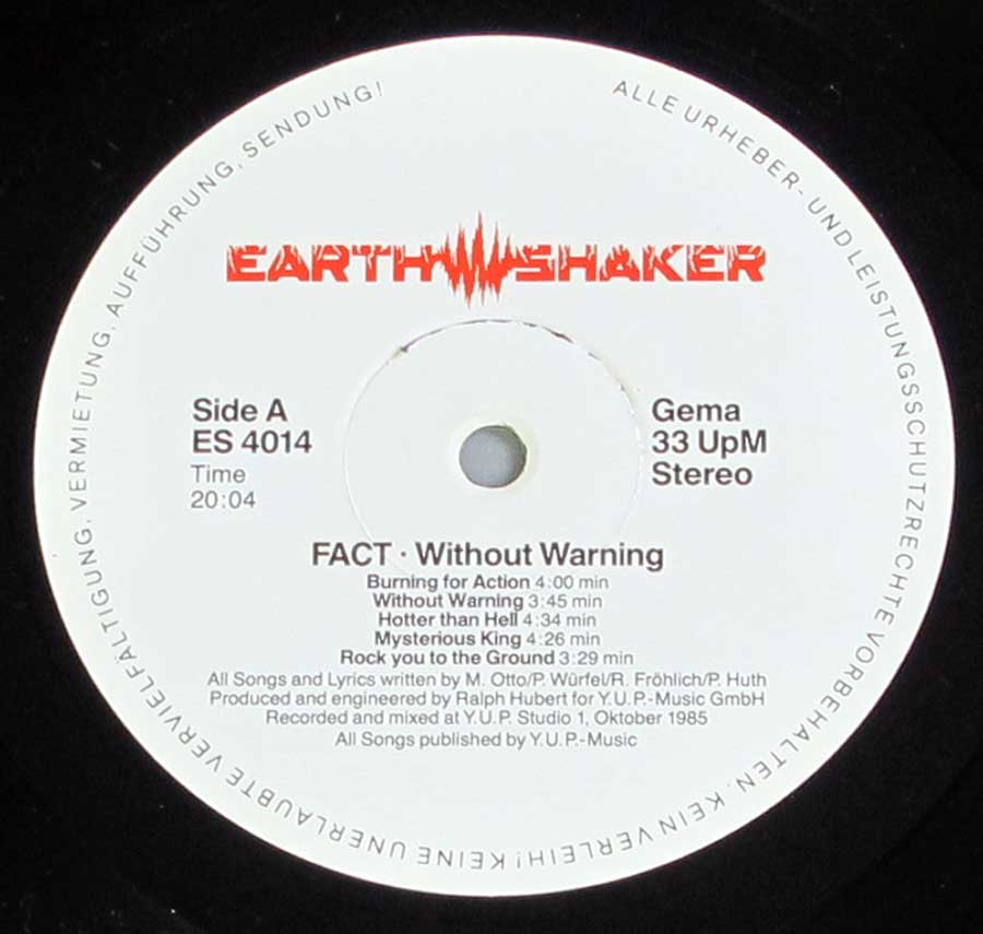"Without Warning" Record Label Details: Earthshaker ES 4014 