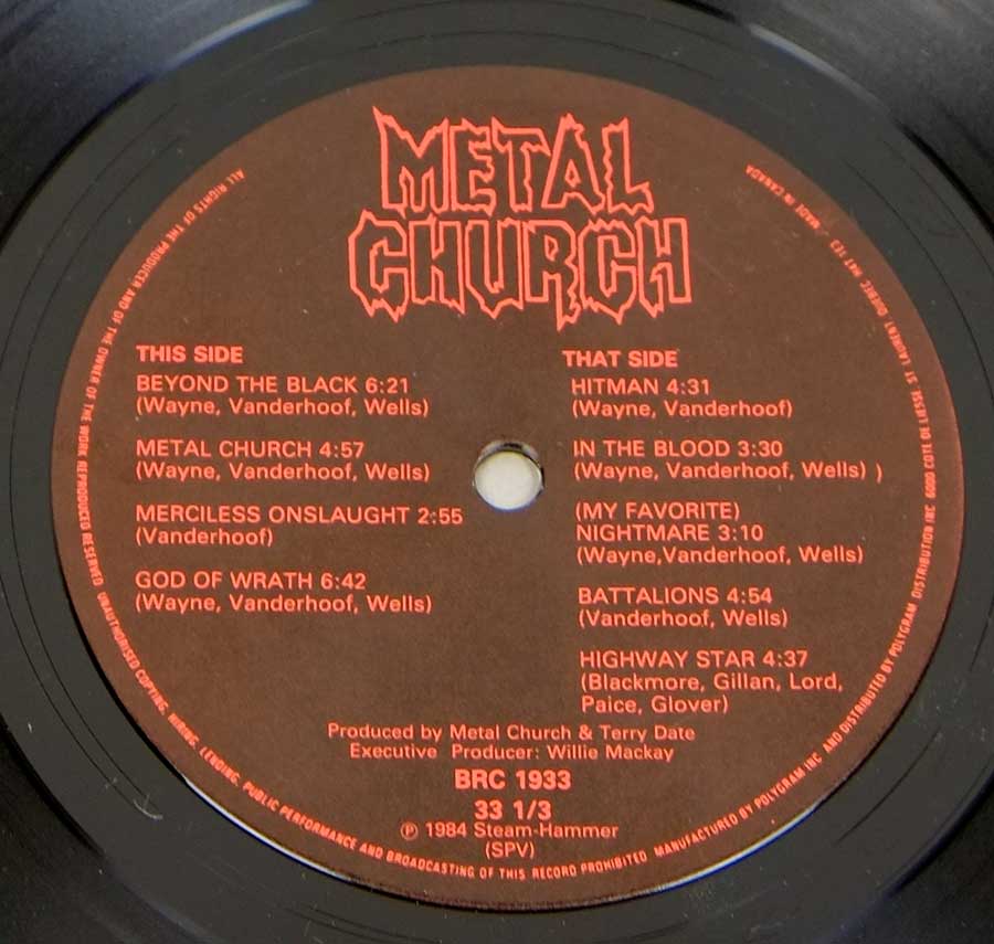 Side Two Close up of record's label METAL CHURCH - Self-Titled Canada Banzai Records Debut Album  12" Vinyl LP Album