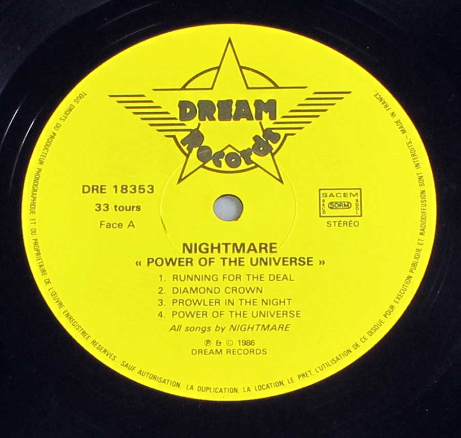Close up of record's label NIGHTMARE - Power of the Universe Side One