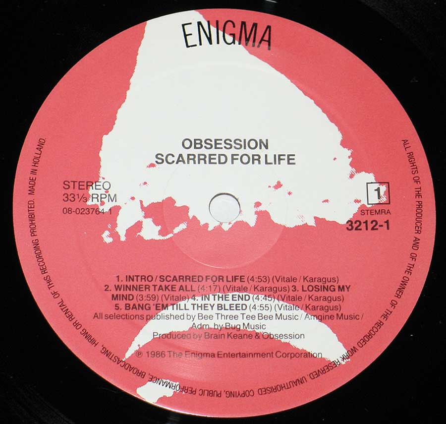 Close up of Side One record's label OBSESSION - Scarred For Life 12" Vinyl LP Album