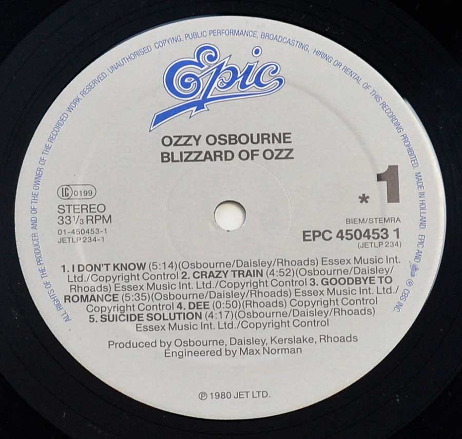 "Blizzard of OZZ" Record Label Details: Epic – EPC 450453 1 