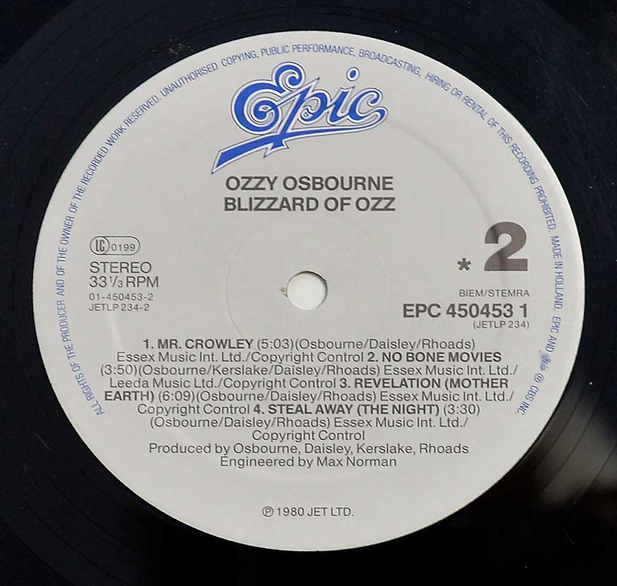 OZZY OSBOURNE - Blizzard of OZZ 12" Vinyl LP Album  enlarged record label