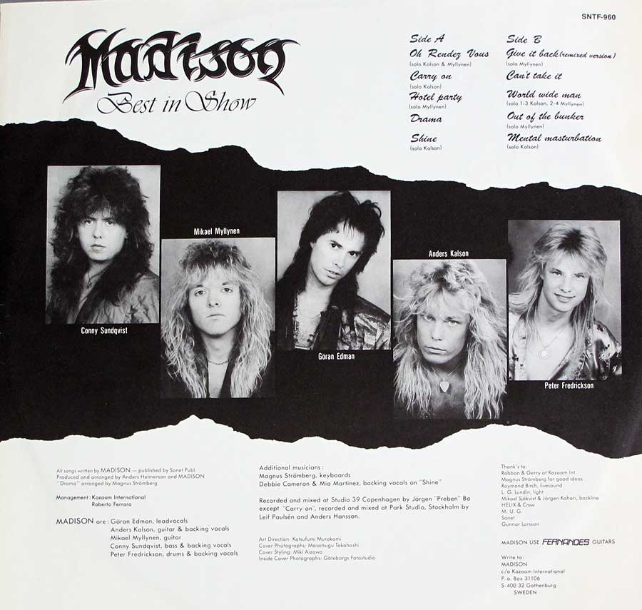 Portrait photos of the Madison band members printed on the first page of the custom inner sleeve