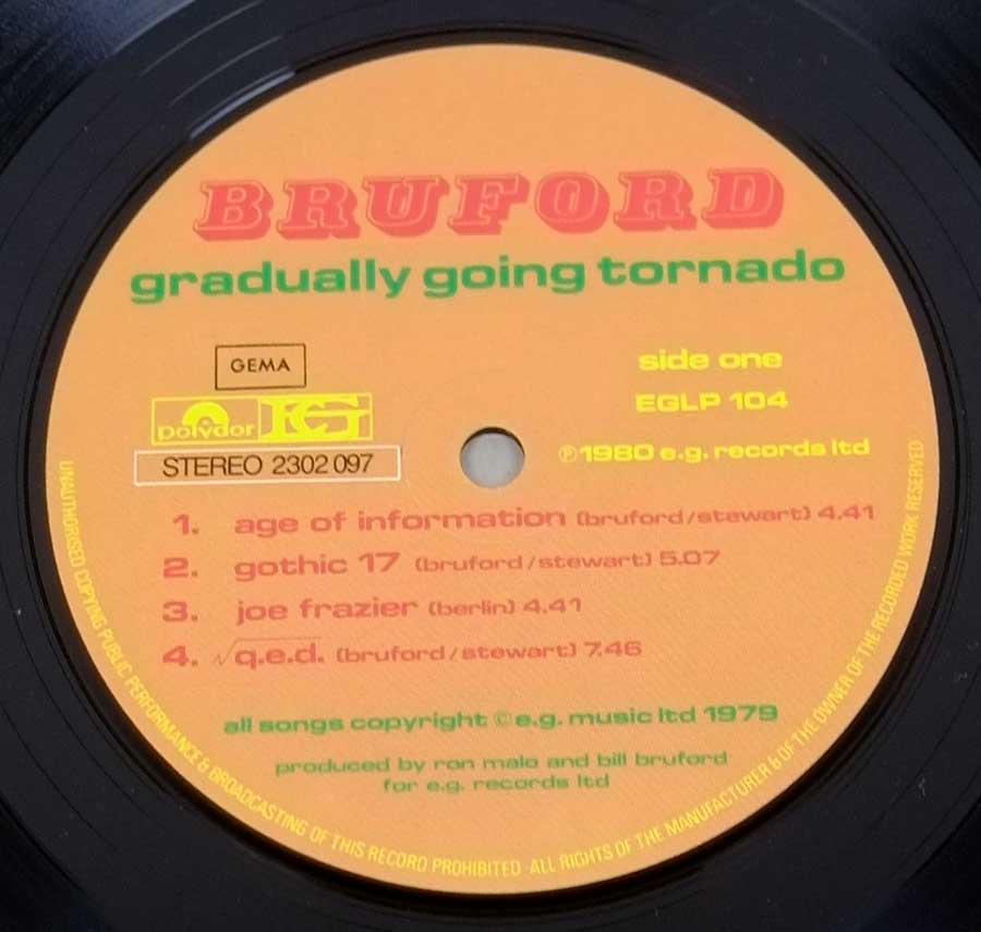 Close up of record's label BRUFORD - Gradually Going Tornado 12" LP Album Vinyl Side One