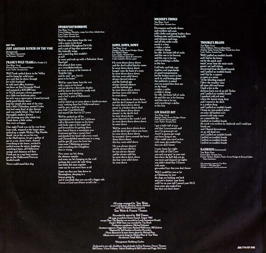 TOM WAITS - Swordfishtrombone 12" LP Vinyl Album custom inner sleeve