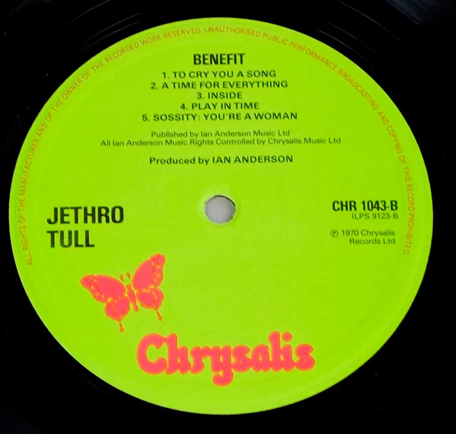 Close up of record's label JETHRO TULL - Benefit England / UK 12" Vinyl LP Side Two