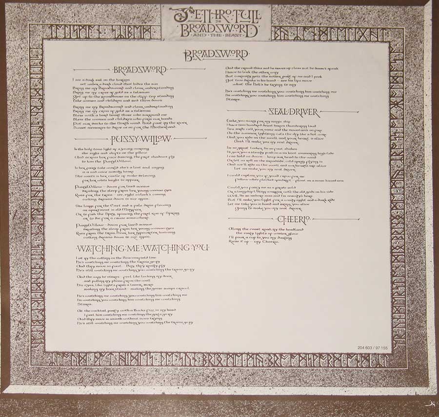 Jethro Tull - Broadsword & the Beast European Release 12" Vinyl LP 
 custom inner sleeve