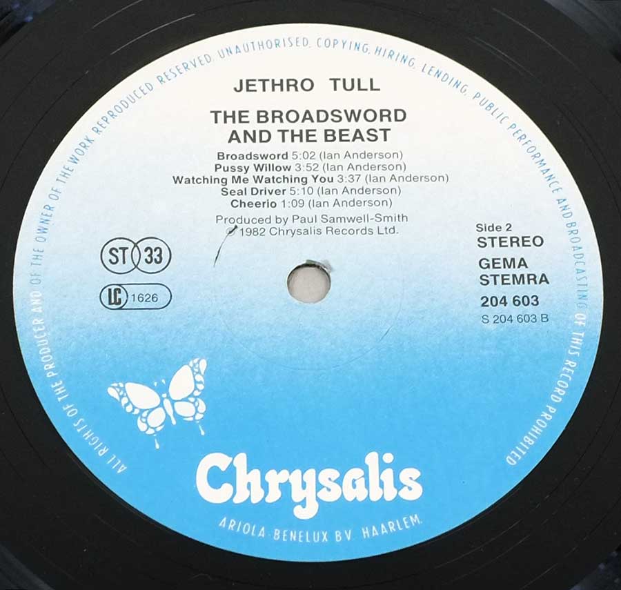 Close up of record's label JETHRO TULL Broadsword And The Beast Germany/Netherlands 12" LP ALBUM VINYL  Side Two